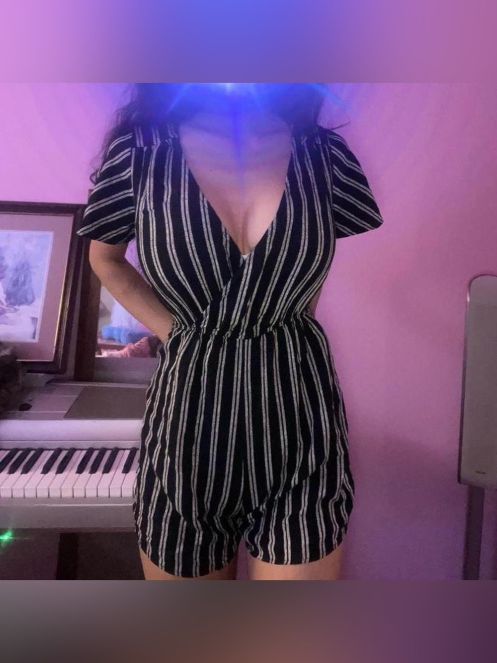 🩰 5/$10 bundle deal - Striped V-Neck Short Sleeve Romper Dress - Black/White